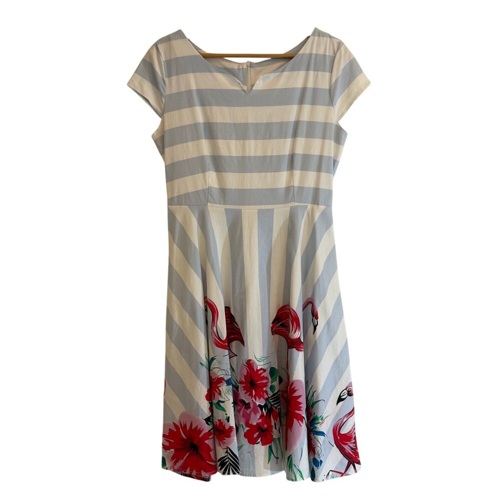 FLAMINGO Dress Blue Stripe 4th of July‎ Novelty Print Floral Fit Flare | LARGE
